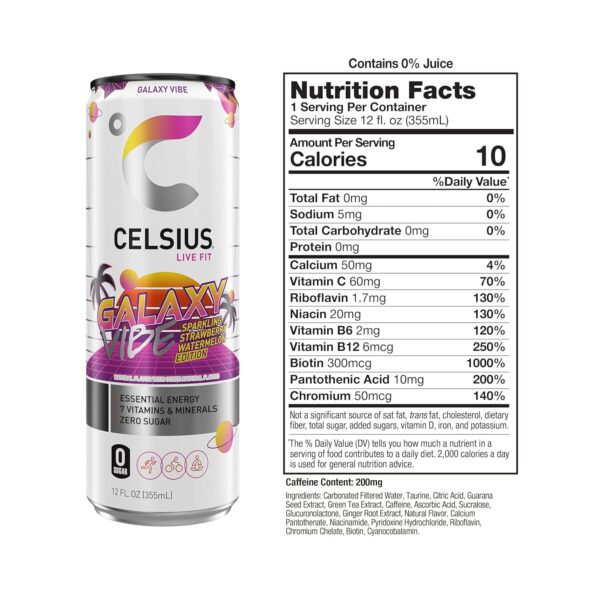 CELSIUS Sparkling Galaxy Vibe, Functional Essential Energy Drink 12 Fl OzCarbonated Filtered Water, Taurine, Citric Acid, Guarana Seed Extract, Green Tea Extract, Caffeine, Ascorbic Acid, Sucralose, Glucuronolactone, Ginger Root Extract, Natural Flavor, Calcium Pantothenate, Niacinamide, Pyridoxine Hydrochloride, Riboflavin, Chromium Chelate, Biotin, Cyanocobalamin. - Image 2