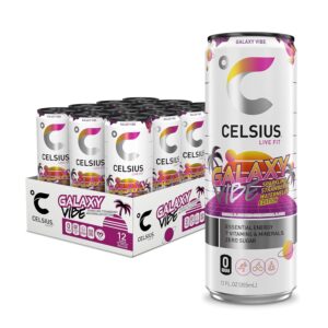 CELSIUS Sparkling Galaxy Vibe, Functional Essential Energy Drink 12 Fl OzCarbonated Filtered Water, Taurine, Citric Acid, Guarana Seed Extract, Green Tea Extract, Caffeine, Ascorbic Acid, Sucralose, Glucuronolactone, Ginger Root Extract, Natural Flavor, Calcium Pantothenate, Niacinamide, Pyridoxine Hydrochloride, Riboflavin, Chromium Chelate, Biotin, Cyanocobalamin.