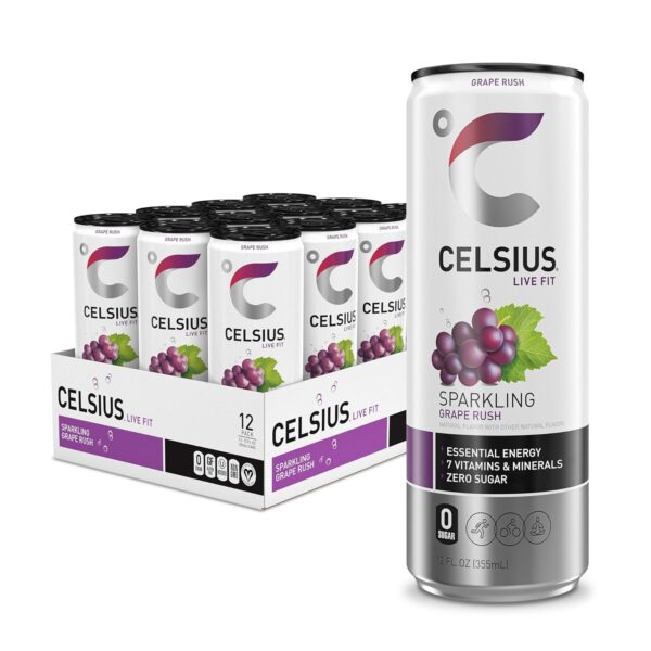 CELSIUS Sparkling Grape Rush, Functional Essential Energy Drink 12 Fl Oz